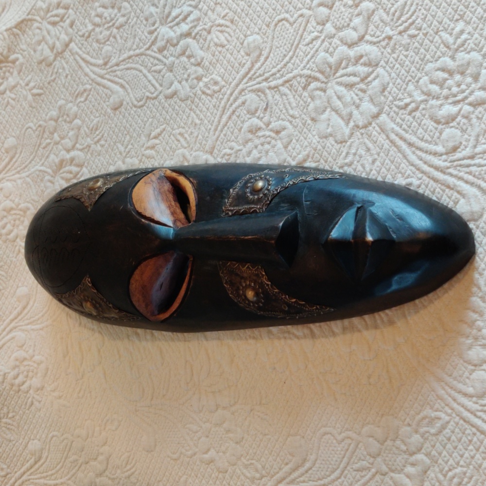 Handcrafted Carved African Wooden Tribal Mask With Stamped Metal from Ghana